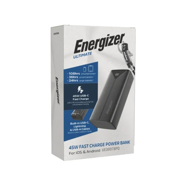 پاوربانک 30000mAh انرجایزر با توان 45 وات مدل Energizer UE30078PQ با کابل متصل - تصویر 2