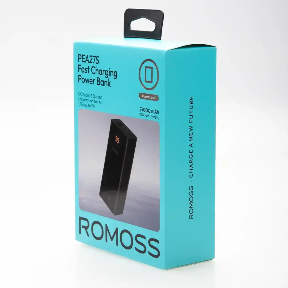 نمای بسته بندی پاوربانک روموس 27000 میلیآمپر