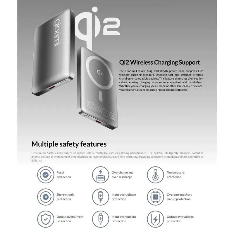 ایمنی و محدوده دمای عملکرد پاوربانک وایرلس Glorimi FitCore Mag 10000mAh Qi2