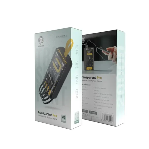پاوربانک 20000mAh گرین لاین با توان 20 وات مدل Transparent Pro با کابل متصل - تصویر 2