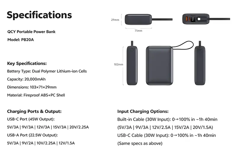 پاوربانک 20000 میلی آمپر ساعت 45 وات مدل QCY PB20A 